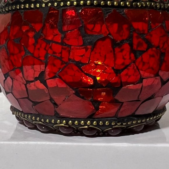 Radiant Elegance: Retro Mosaic Candle Holder / Vase with Brass & Rhinestone Trim - Picture 10 of 13